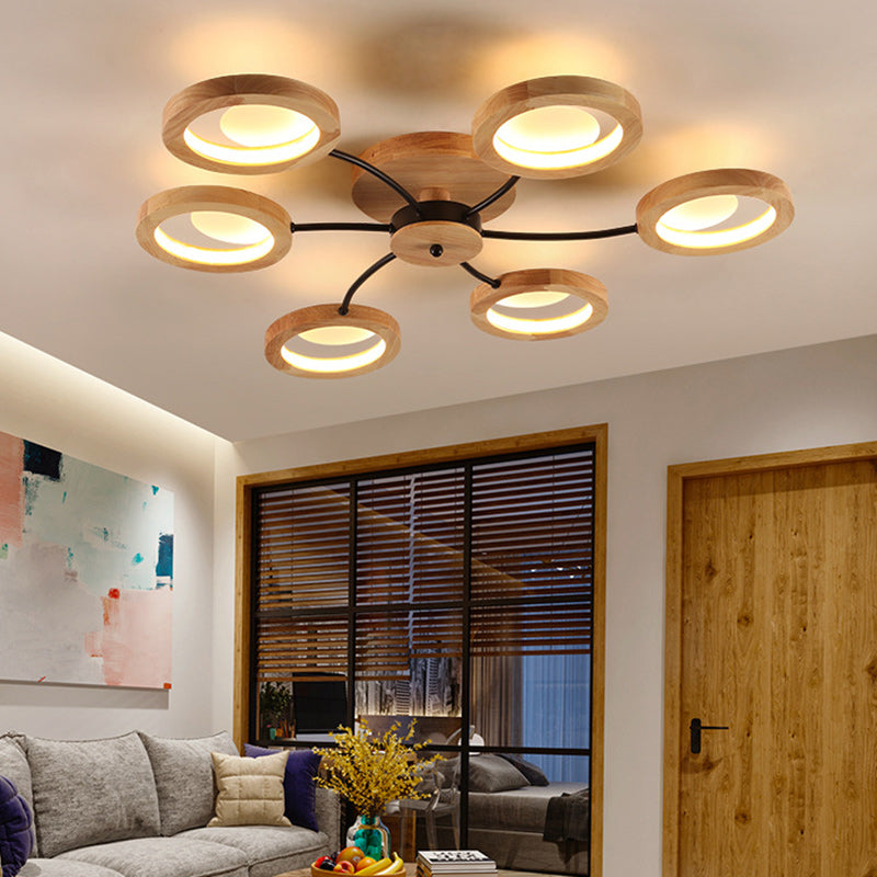 Contemporary Nordic Dome Round Solid Wood Acrylic Lampshade LED Semi-Flush Mount Light For Living Room