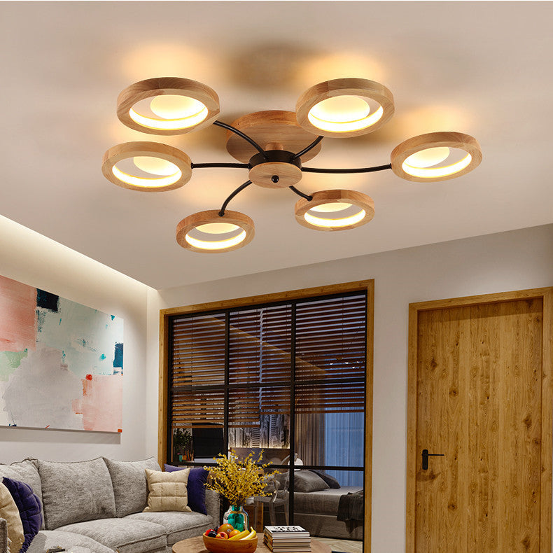 Contemporary Nordic Dome Round Solid Wood Acrylic Lampshade LED Semi-Flush Mount Light For Living Room