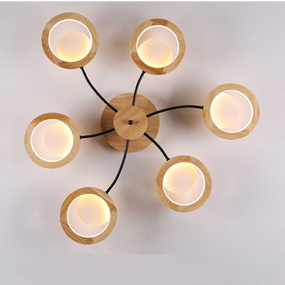 Contemporary Nordic Dome Round Solid Wood Acrylic Lampshade LED Semi-Flush Mount Light For Living Room