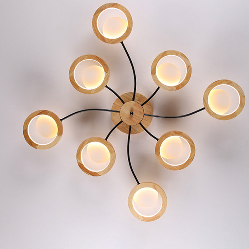 Contemporary Nordic Dome Round Solid Wood Acrylic Lampshade LED Semi-Flush Mount Light For Living Room