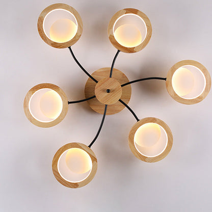 Contemporary Nordic Dome Round Solid Wood Acrylic Lampshade LED Semi-Flush Mount Light For Living Room