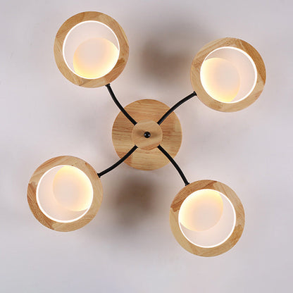 Contemporary Nordic Dome Round Solid Wood Acrylic Lampshade LED Semi-Flush Mount Light For Living Room