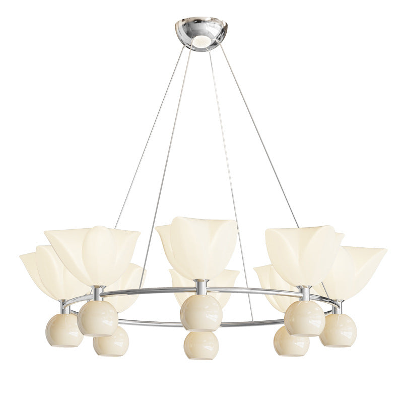 Contemporary Nordic Cream Flower Round Ball Aluminum PC Hardware LED Chandelier For Living Room