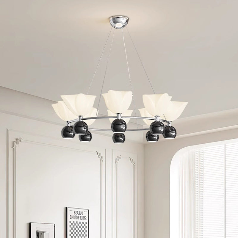Contemporary Nordic Cream Flower Round Ball Aluminum PC Hardware LED Chandelier For Living Room