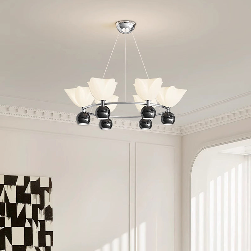 Contemporary Nordic Cream Flower Round Ball Aluminum PC Hardware LED Chandelier For Living Room