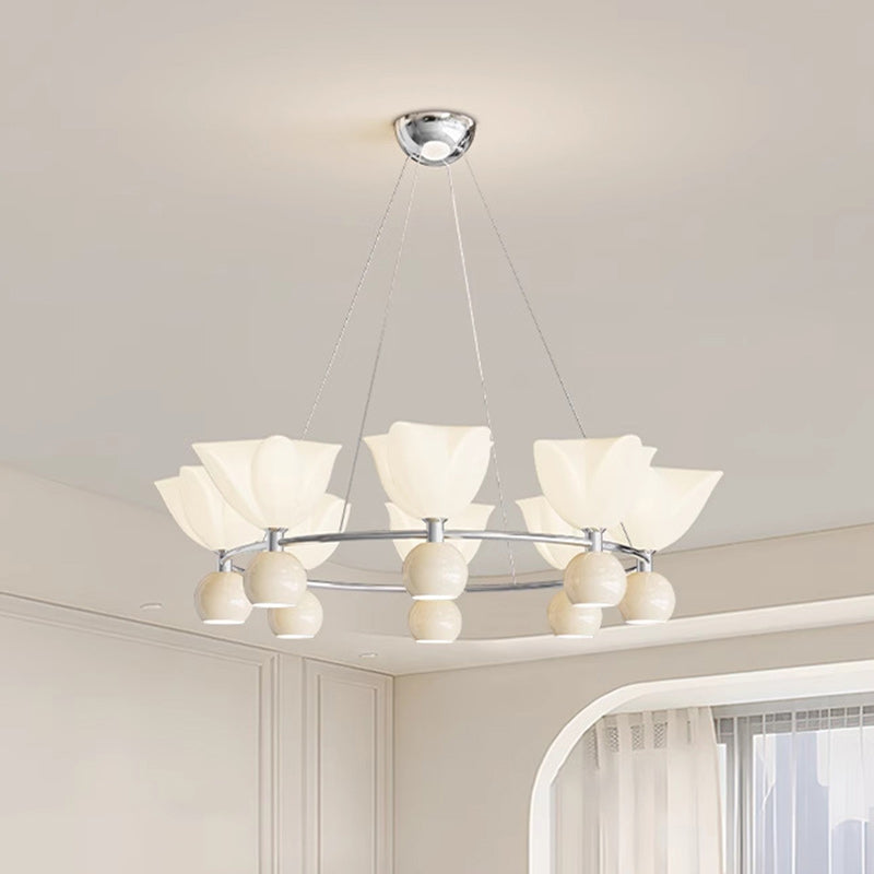 Contemporary Nordic Cream Flower Round Ball Aluminum PC Hardware LED Chandelier For Living Room