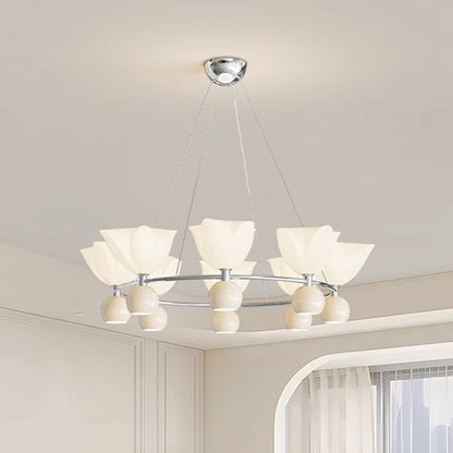 Contemporary Nordic Cream Flower Round Ball Aluminum PC Hardware LED Chandelier For Living Room