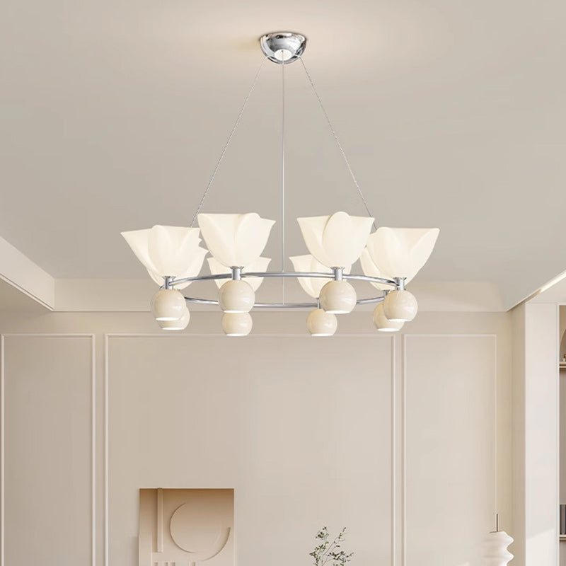 Contemporary Nordic Cream Flower Round Ball Aluminum PC Hardware LED Chandelier For Living Room