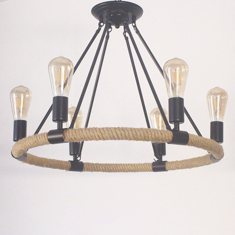 Traditional Farmhouse Round Hemp Rope Iron Hardware 6/8 - Light Chandeliers For Dining Room