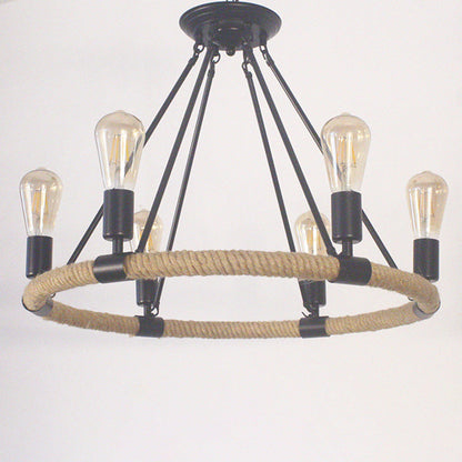 Traditional Farmhouse Round Hemp Rope Iron Hardware 6/8 - Light Chandeliers For Dining Room