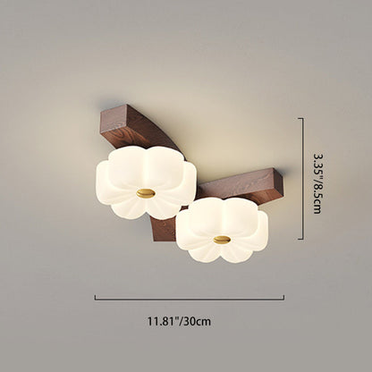 Contemporary Nordic Flowers PE Lampshade Rubber Wood LED Flush Mount Ceiling Light For Living Room