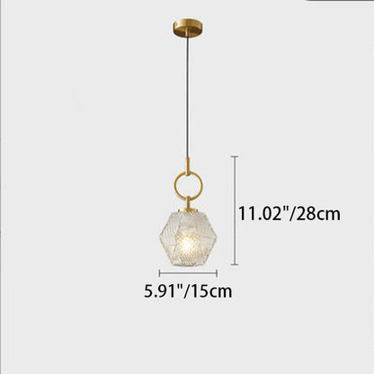 Contemporary Nordic Dome Polygonal Cube Transparent Glass Lampshade Copper 1 - Light Pendant Light For Bedside