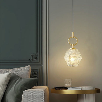 Contemporary Nordic Dome Polygonal Cube Transparent Glass Lampshade Copper 1 - Light Pendant Light For Bedside