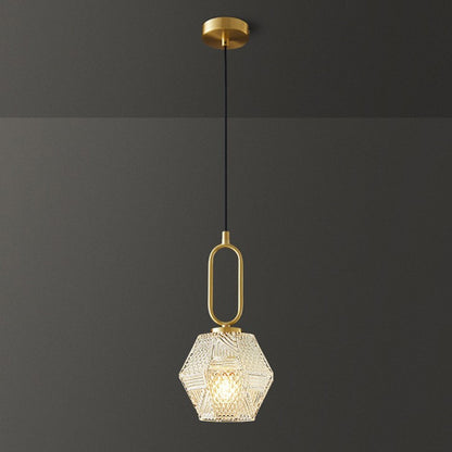 Contemporary Nordic Dome Polygonal Cube Transparent Glass Lampshade Copper 1 - Light Pendant Light For Bedside