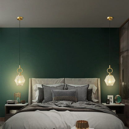 Contemporary Nordic Dome Polygonal Cube Transparent Glass Lampshade Copper 1 - Light Pendant Light For Bedside
