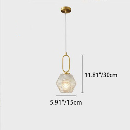 Contemporary Nordic Dome Polygonal Cube Transparent Glass Lampshade Copper 1 - Light Pendant Light For Bedside