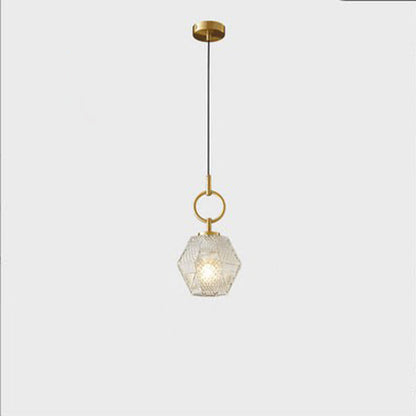 Contemporary Nordic Dome Polygonal Cube Transparent Glass Lampshade Copper 1 - Light Pendant Light For Bedside