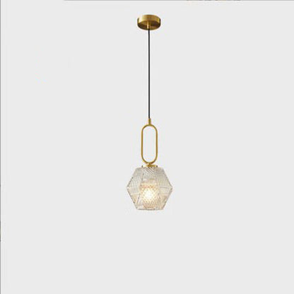 Contemporary Nordic Dome Polygonal Cube Transparent Glass Lampshade Copper 1 - Light Pendant Light For Bedside