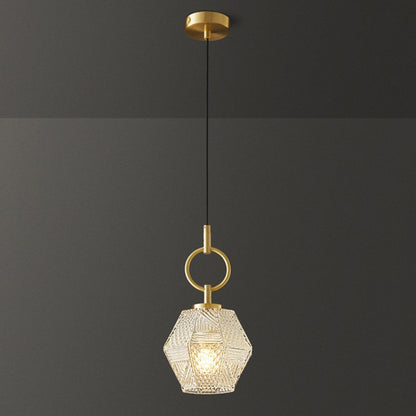 Contemporary Nordic Dome Polygonal Cube Transparent Glass Lampshade Copper 1 - Light Pendant Light For Bedside