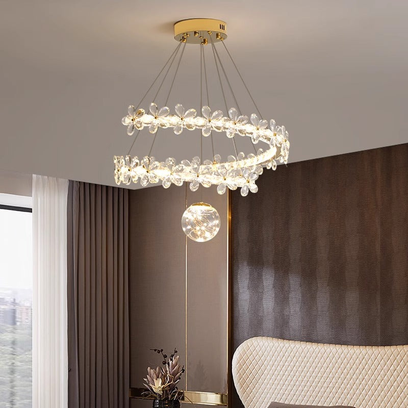Contemporary Scandinavian Dome Crystal Flowers Orb Stainless Steel Lampshade LED Chandeliers For Living Room