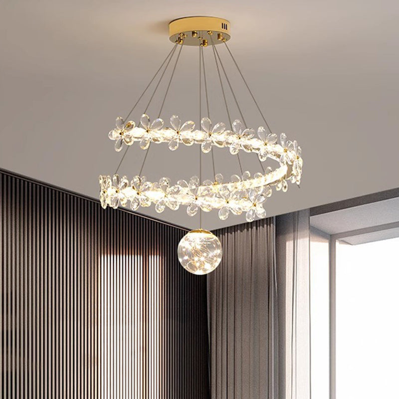 Contemporary Scandinavian Dome Crystal Flowers Orb Stainless Steel Lampshade LED Chandeliers For Living Room