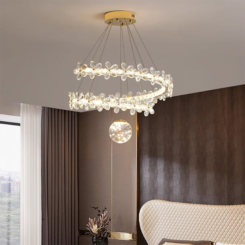 Contemporary Scandinavian Dome Crystal Flowers Orb Stainless Steel Lampshade LED Chandeliers For Living Room