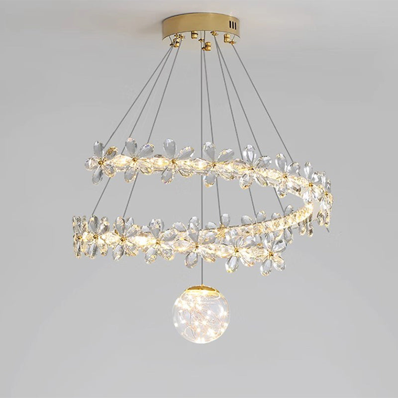 Contemporary Scandinavian Dome Crystal Flowers Orb Stainless Steel Lampshade LED Chandeliers For Living Room