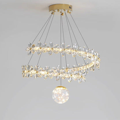 Contemporary Scandinavian Dome Crystal Flowers Orb Stainless Steel Lampshade LED Chandeliers For Living Room