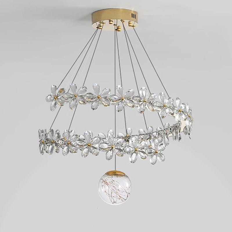 Contemporary Scandinavian Dome Crystal Flowers Orb Stainless Steel Lampshade LED Chandeliers For Living Room