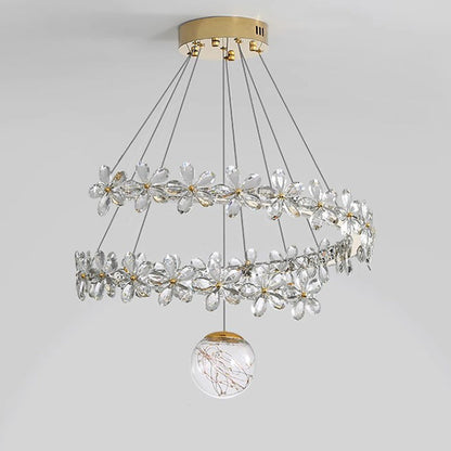 Contemporary Scandinavian Dome Crystal Flowers Orb Stainless Steel Lampshade LED Chandeliers For Living Room