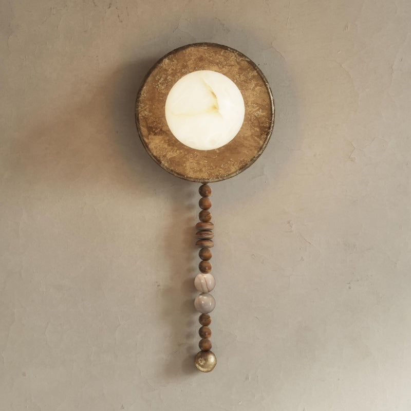 Traditional Vintage Round Beads Imitation Marble Lampshade Solid Wood Iron 1 - Light Wall Sconce Lamp For Living Room