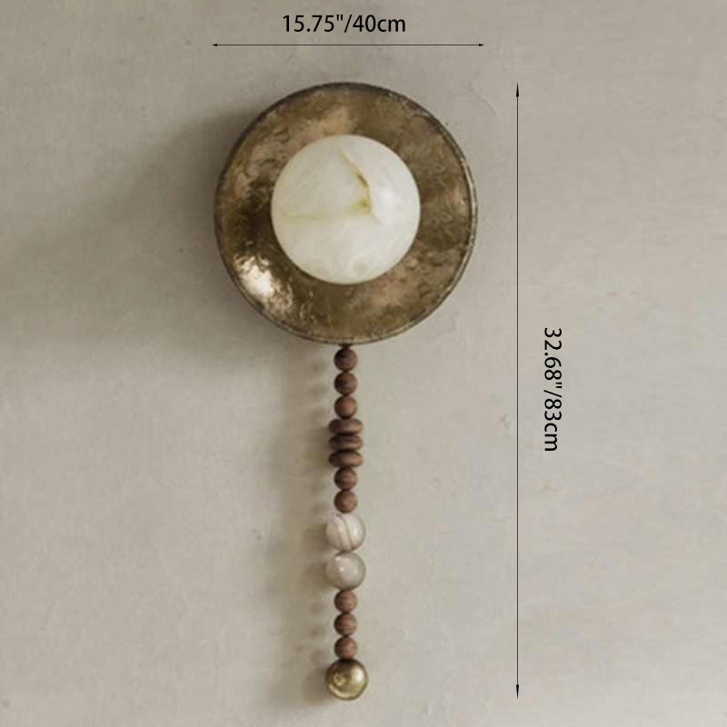 Traditional Vintage Round Beads Imitation Marble Lampshade Solid Wood Iron 1 - Light Wall Sconce Lamp For Living Room