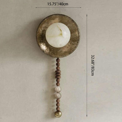 Traditional Vintage Round Beads Imitation Marble Lampshade Solid Wood Iron 1 - Light Wall Sconce Lamp For Living Room