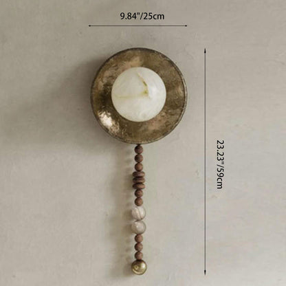 Traditional Vintage Round Beads Imitation Marble Lampshade Solid Wood Iron 1 - Light Wall Sconce Lamp For Living Room