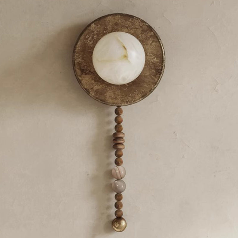 Traditional Vintage Round Beads Imitation Marble Lampshade Solid Wood Iron 1 - Light Wall Sconce Lamp For Living Room