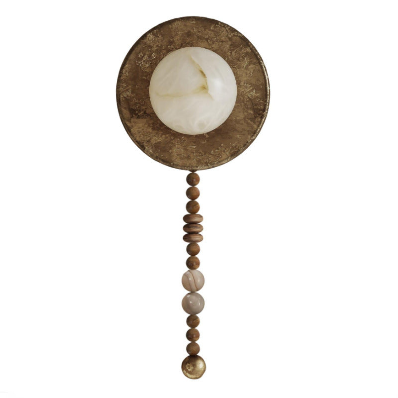 Traditional Vintage Round Beads Imitation Marble Lampshade Solid Wood Iron 1 - Light Wall Sconce Lamp For Living Room
