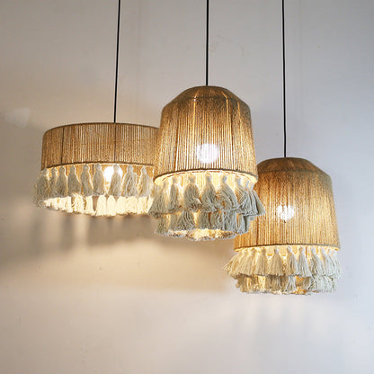 Contemporary Boho Dome Round Hemp Rope Weaving Iron 1 - Light Chandeliers For Dining Room