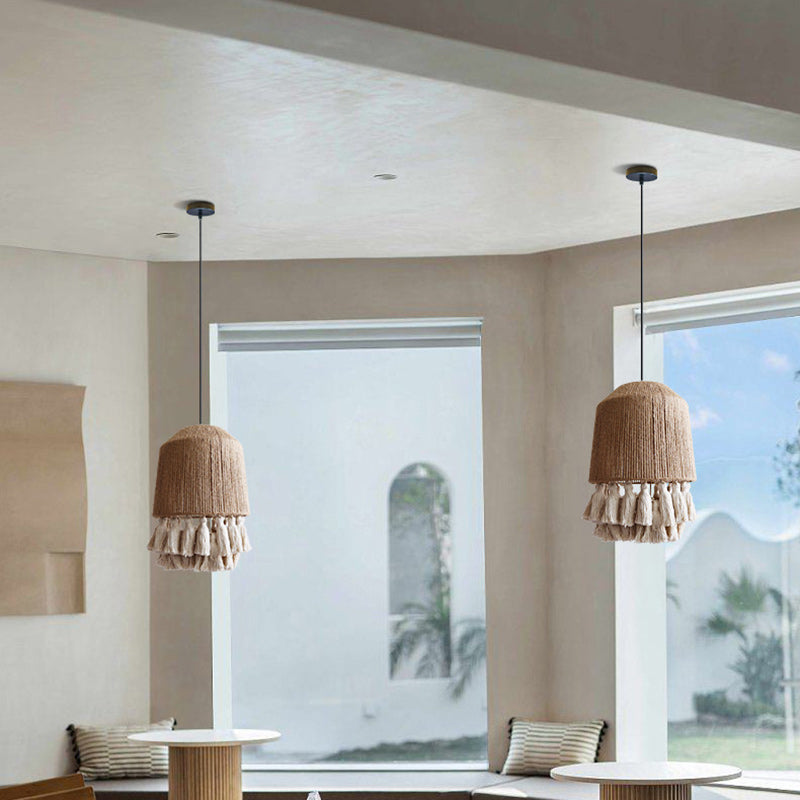 Contemporary Boho Dome Round Hemp Rope Weaving Iron 1 - Light Chandeliers For Dining Room