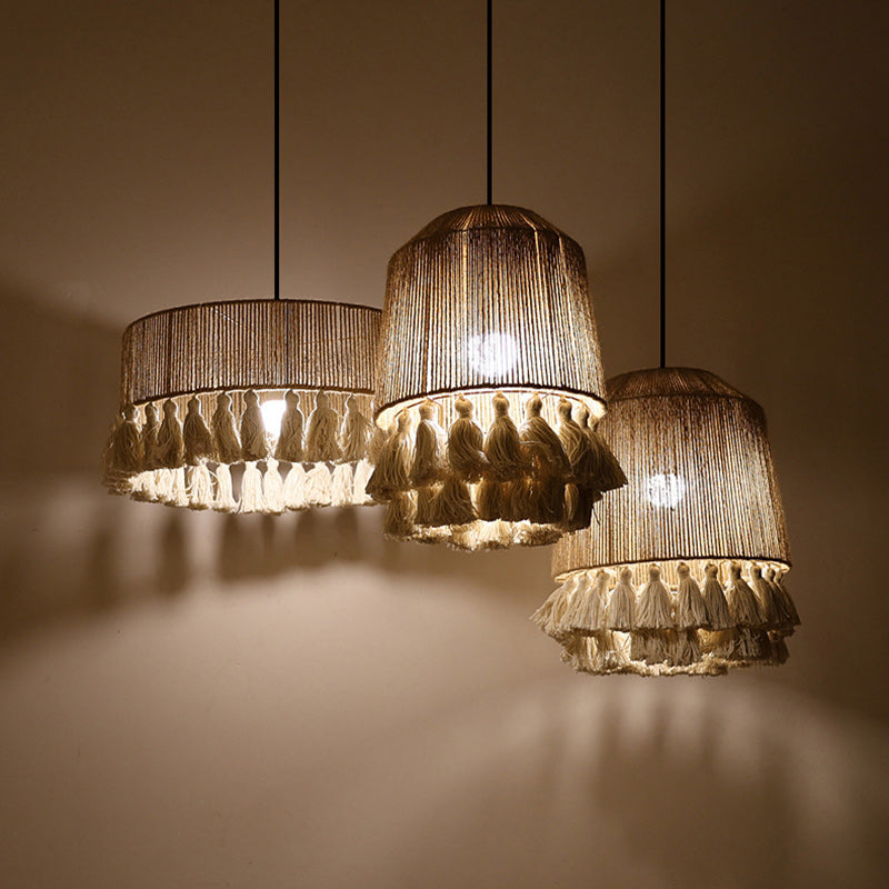 Contemporary Boho Dome Round Hemp Rope Weaving Iron 1 - Light Chandeliers For Dining Room