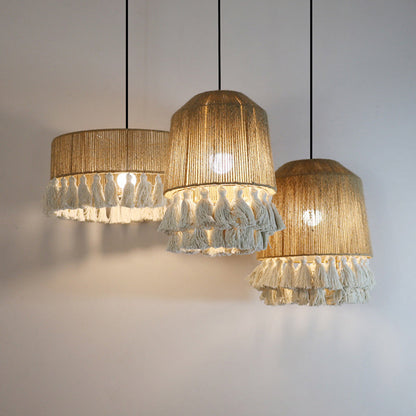 Contemporary Boho Dome Round Hemp Rope Weaving Iron 1 - Light Chandeliers For Dining Room