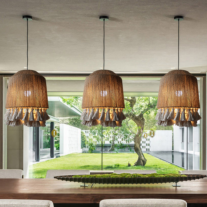 Contemporary Boho Dome Round Hemp Rope Weaving Iron 1 - Light Chandeliers For Dining Room