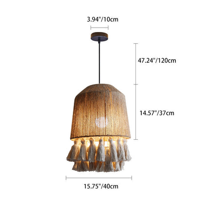 Contemporary Boho Dome Round Hemp Rope Weaving Iron 1 - Light Chandeliers For Dining Room