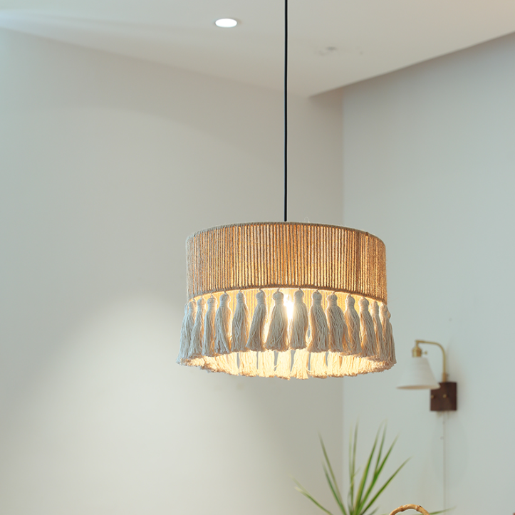 Contemporary Boho Dome Round Hemp Rope Weaving Iron 1 - Light Chandeliers For Dining Room