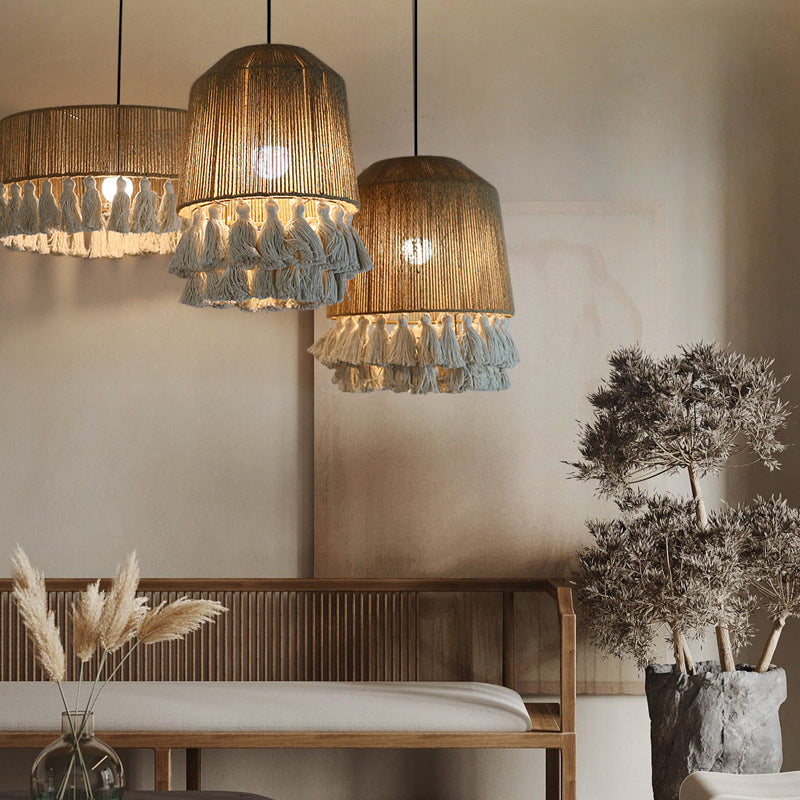 Contemporary Boho Dome Round Hemp Rope Weaving Iron 1 - Light Chandeliers For Dining Room