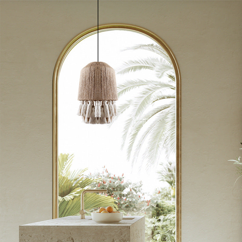 Contemporary Boho Dome Round Hemp Rope Weaving Iron 1 - Light Chandeliers For Dining Room