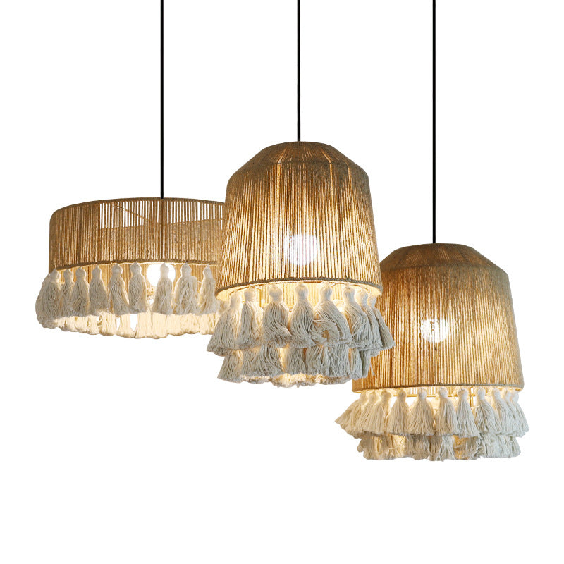 Contemporary Boho Dome Round Hemp Rope Weaving Iron 1 - Light Chandeliers For Dining Room