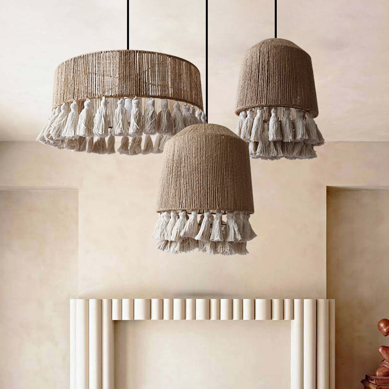 Contemporary Boho Dome Round Hemp Rope Weaving Iron 1 - Light Chandeliers For Dining Room
