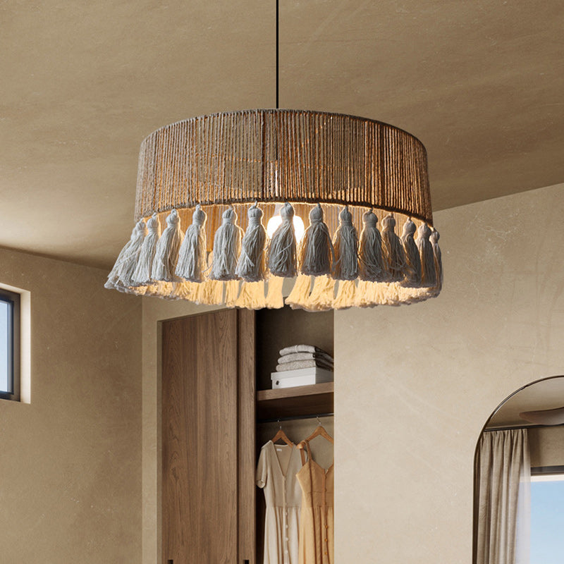Contemporary Boho Dome Round Hemp Rope Weaving Iron 1 - Light Chandeliers For Dining Room