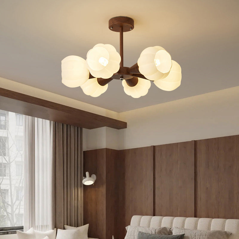 Contemporary Retro Dome Glass Pumpkin Lampshade Wood 4/6 - Light Chandeliers For Living Room