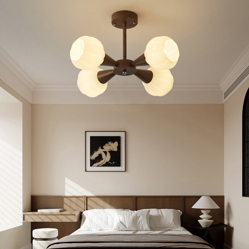 Contemporary Retro Dome Glass Pumpkin Lampshade Wood 4/6 - Light Chandeliers For Living Room